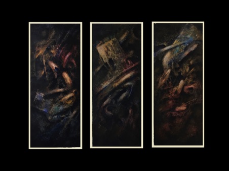 "Debris 3" Shiva Paintstik on watercolor paper. Each panel is 4" x 10" (inches). $1100.oo unframed.